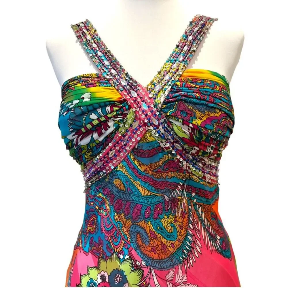 Vintage Dress Small Y2K Formal Prom Gown Beaded Tropical Dress long Cruise Maxi - Picture 3 of 17